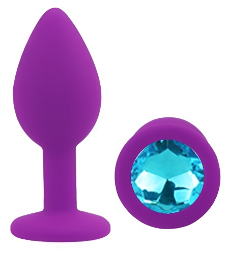 Силіконова фіолетова анальна пробка із блакитним кристалом EGZO Silicone Round Plug розмір S - 2