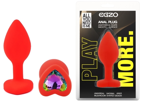 Силіконова червона анальна пробка з райдужним кристалом у формі серця EGZO Silicone Heart Plug розмір S - 1
