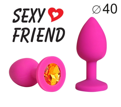 Силіконова анальна пробка кольору фуксія з помаранчевим стразом Sexy Friend L 95 мм, d 40 мм - 1