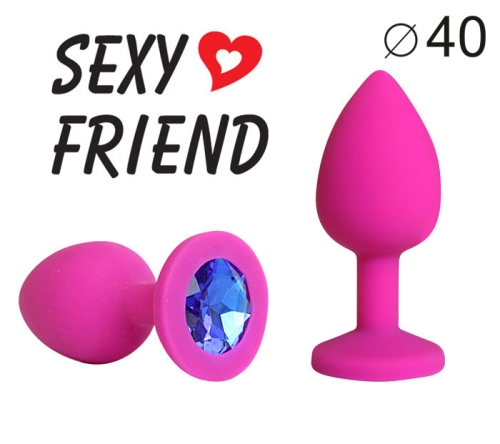 Силіконова анальна пробка кольору фуксія з синім стразом Sexy Friend L 95 мм, d 40 мм - 1