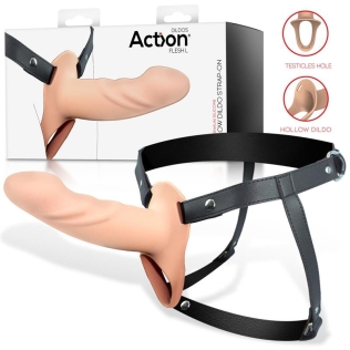 Ременной страпон для мужчин полый с петлей на мошонку телесного цвета Action Strap-On Hollow Dildo Premium размер L