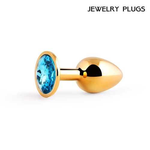 Металева анальна втулка Anal Jewelry Plugs з блакитним кристалом L72 мм D28 мм Вага 50г золота - 3