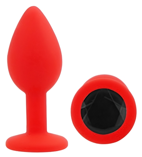 Силіконова червона анальна пробка із чорним кристалом EGZO Silicone Round Plug розмір S - 2