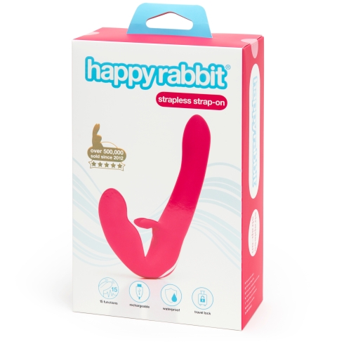 Безремневий вібро-страпон з вушками для клітора рожевий HAPPY RABBIT Lovehoney - 5