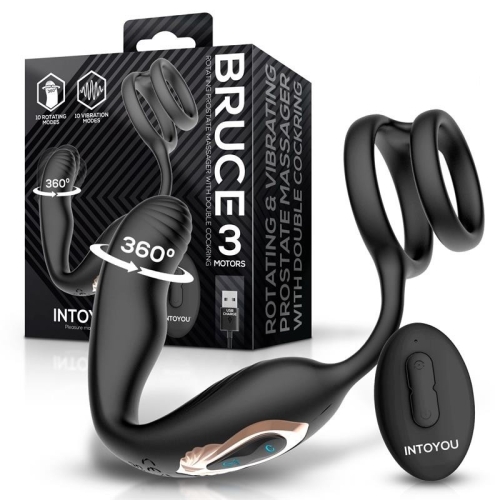 Вибромассажер для простаты с эрекционным кольцом с ротацией черный Intoyou Bruce Prostate Massager 360 - 1