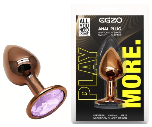 Анальная пробка золотистая из нержавеющей стали с сиреневым кристаллом EGZO Round Plug размер S - 1