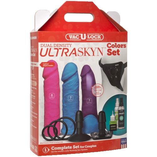 Страпон-набор 3 фаллоса с двумя присосками и косметика по уходу Doc Johnson Vac-U-Lock - Dual Density UltraSKYN Colors Set - 5