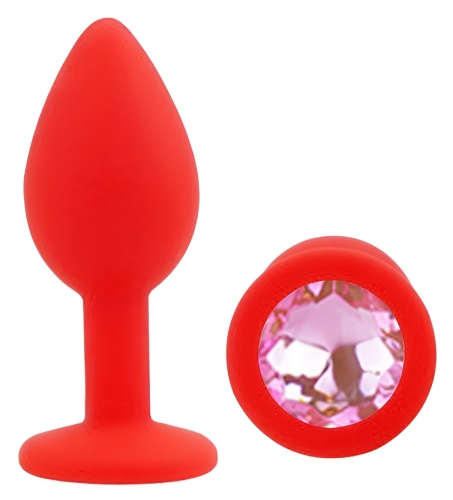 Силіконова червона анальна пробка із рожевим кристалом EGZO Silicone Round Plug розмір S - 2