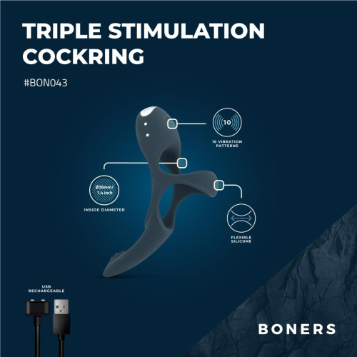 Ерекційне віброкільце на член синє Boners Triple Cockring - 12