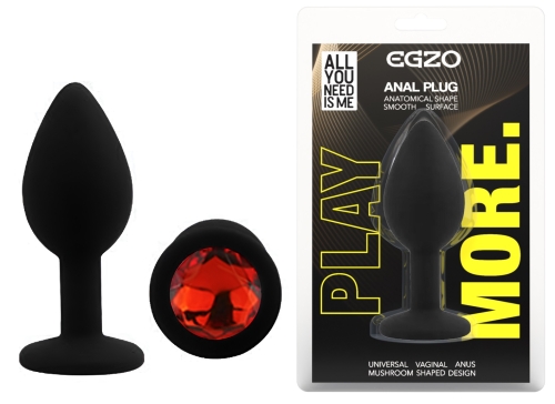 Силиконовая черная анальная пробка с красным кристаллом EGZO Silicone Round Plug размер S - 1