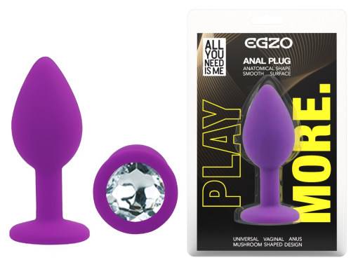 Силіконова фіолетова анальна пробка із прозорим кристалом EGZO Silicone Round Plug розмір S - 1
