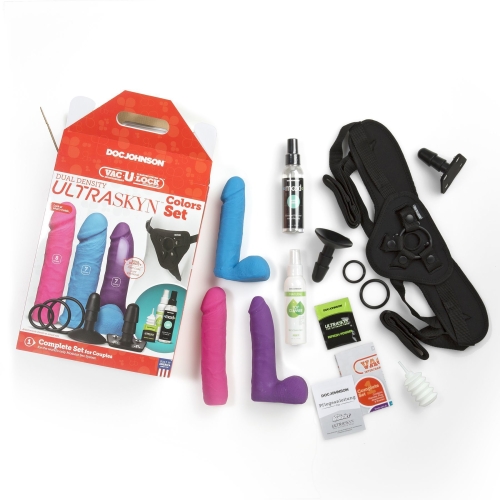 Страпон-набор 3 фаллоса с двумя присосками и косметика по уходу Doc Johnson Vac-U-Lock - Dual Density UltraSKYN Colors Set - 6