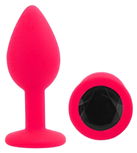 Силиконовая розовая анальная пробка с черным кристаллом EGZO Silicone Round Plug размер S - 2