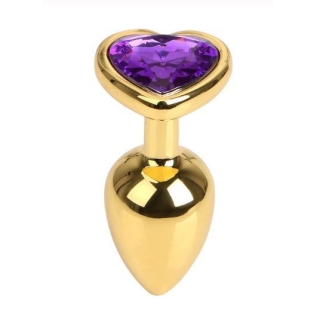 Анальная пробка с фиолетовым кристаллом Gold Metal Heart Dark Violet S