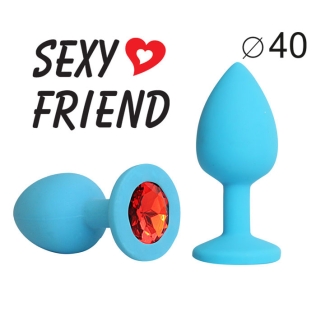 Анальная пробка силиконовая Sexy Friend голубая с красным кристаллом L 9,5 см D 4 см