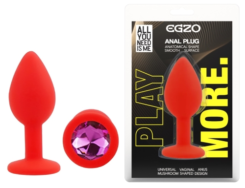 Силіконова червона анальна пробка із малиновим кристалом EGZO Silicone Round Plug розмір S - 1