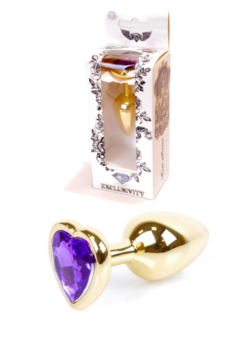 Анальная пробка золотистого цвета с фиолетовым камушком в форме сердца Boss series Jewellery - 1