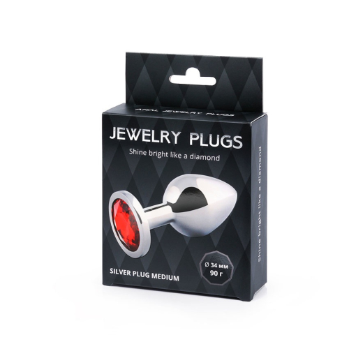 Анальна пробка срібляста з червоним каменем Сваровскі Anal Jewelry Plugs L 82 мм d 34 мм Вага 90г - 3