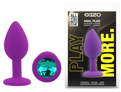 Силіконова фіолетова анальна пробка з бірюзовим кристалом EGZO Silicone Round Plug розмір S - 1