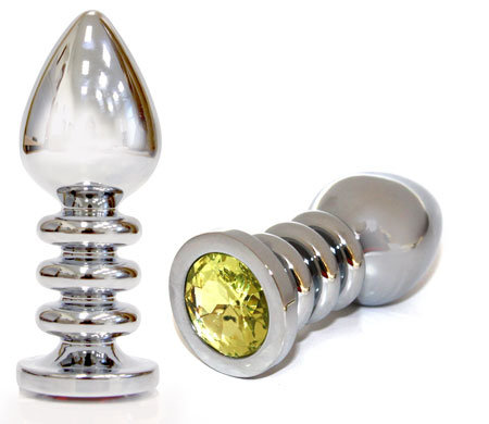Втулка металлическая рифленая серебристая с желтым камнем Anal Jewelry Plugs L 100 мм D 38 мм - 1