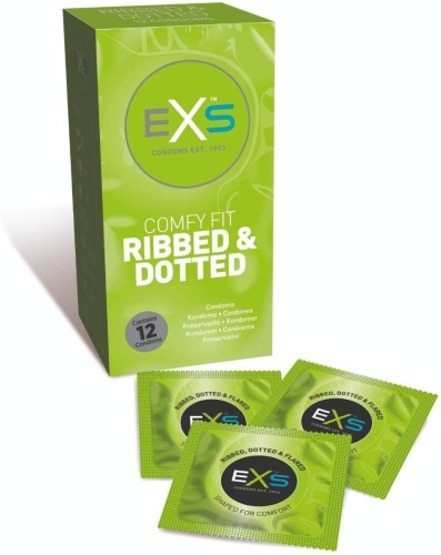 Презервативы с пузырьками и ребристостью прозрачного цвета Exs Ribbed &amp;amp; dotted 12 штук - 1