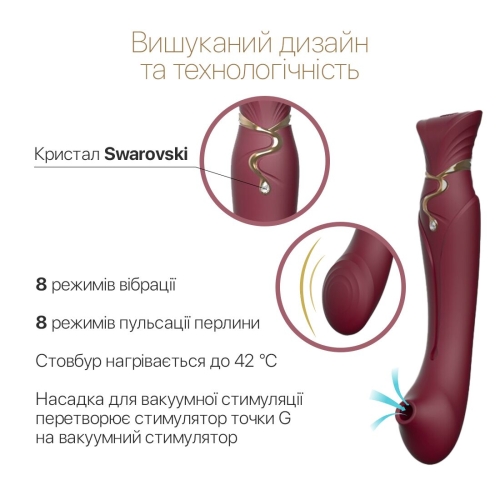 Вибромассажер с подогревом 3 в 1 для точки G и с вакуумной насадкой для клиторальной стимуляции красного цвета с камнем SWAROVSKI Zalo Queen Jewel - 5