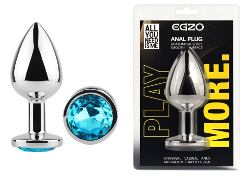 Анальна пробка срібляста з нержавіючої сталі з блакитним кристалом EGZO Round Plug розмір M - 1
