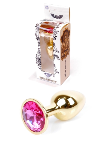 Анальний металевий затор золотистого кольору з рожевим камінчиком Boss series Plug Jewellery Gold Plug Pink - 1