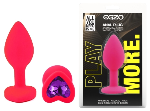 Силіконова рожева анальна пробка з фіолетовим кристалом у формі серця EGZO Silicone Heart Plug розмір S - 1