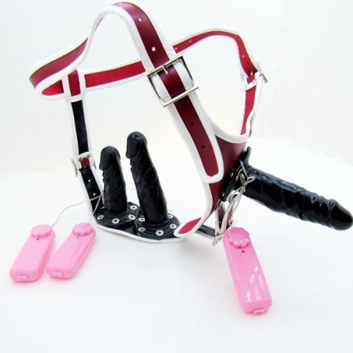 Тройной страпон анально-вагинальный Bdsm4u с вибрацией красный - 3