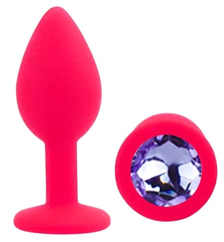 Силіконова рожева анальна пробка із бузковим кристалом EGZO Silicone Round Plug розмір S - 2