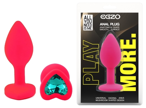 Силіконова рожева анальна пробка з бірюзовим кристалом у формі серця EGZO Silicone Heart Plug розмір S - 1