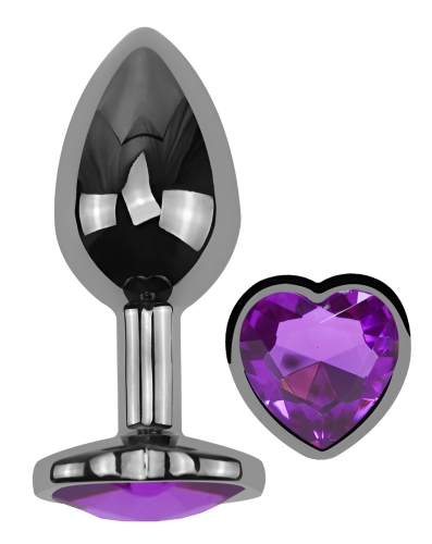 Анальная пробка темно серебристая из нержавеющей стали с кристаллом в форме сердца фиолетовым EGZO Round Plug размер S - 2