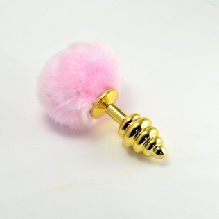 Анальная золотая пробка спиралькой с розовым хвостиком зайки Lovetoy IXI40462