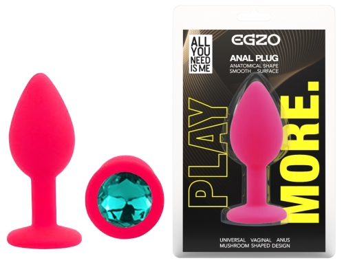 Силіконова рожева анальна пробка з бірюзовим кристалом EGZO Silicone Round Plug розмір S - 1