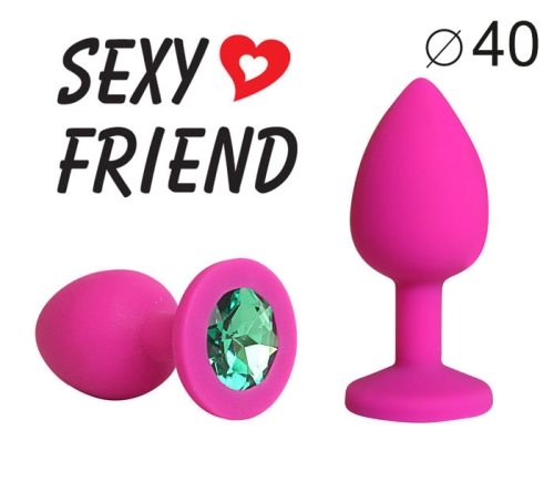 Силіконова анальна пробка кольору фуксія з зеленим стразом Sexy Friend L 95 мм, d 40 мм - 1