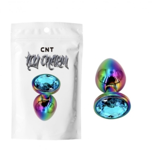 Анальная пробка из медицинской стали радужная с голубым камушком Cnt Aurora Gem