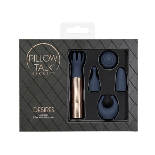 Вибромассажер Ванд золотистого цвета с 5 синими насадками Pillow Talk Secrets Desires 6 Piece Mini Massager Set  Navy