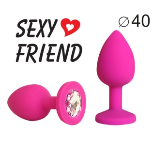 Силіконова анальна пробка кольору фуксія з безбарвним стразом Sexy Friend L 95 мм d 40 мм