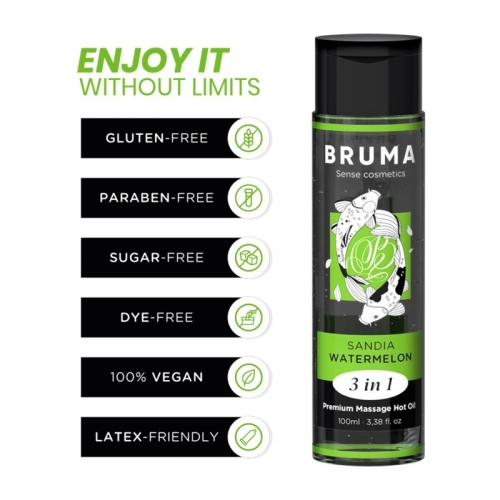 Масажне масло з тепловим заспокійливим ефектом зі смаком кавуна Bruma Premium Massage Hot Oil Watermelon 3 In 1 100 мл - 2