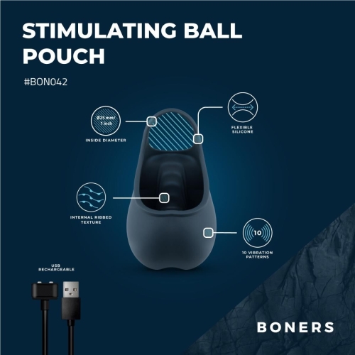 Эрекционное виброкольцо на член со стимуляцией мошонки синее Boners Stimulating Ball Pouch - 13