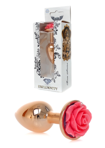 Анальний затор золотистого кольору з рожевою трояндочкою Boss series Plug Jewellery - 1