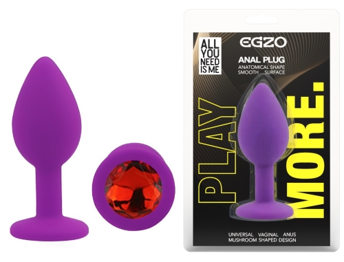 Силіконова фіолетова анальна пробка з червоним кристалом EGZO Silicone Round Plug розмір S - 1
