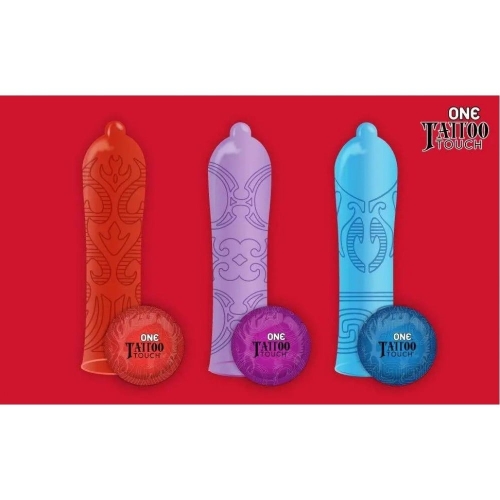 Презервативы с рельефными узорами латексные фиолетовые One Tattoo Touch 5 штук - 2