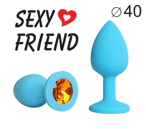 Анальная пробка силиконовая Sexy Friend голубая с оранжевым кристаллом L 9,5 см D 4 см - 1