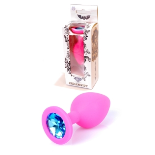 Анальний корок силіконовий рожевого кольору з блакитним камінчиком Boss series Plug Jewellery
