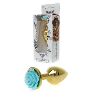 Анальний затор золотистого кольору з блакитною трояндочкою Boss series Plug Jewellery