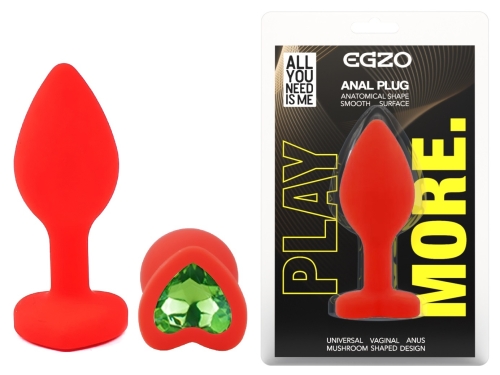 Силіконова червона анальна пробка із зеленим кристалом у формі серця EGZO Silicone Heart Plug розмір S - 1