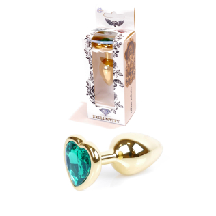 Анальная пробка золотистого цвета с зеленым камушком в форме сердца Boss series Boss of toys Jewellery размер S 