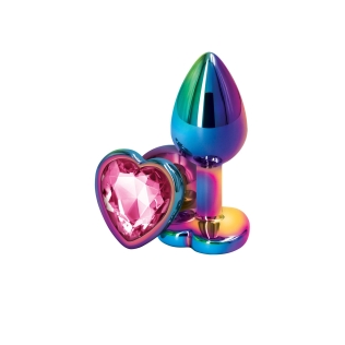 Анальна пробка райдужна з рожевим камінчиком за формою серця NS Novelties Rear Assets - Multicolor Heart размер Small